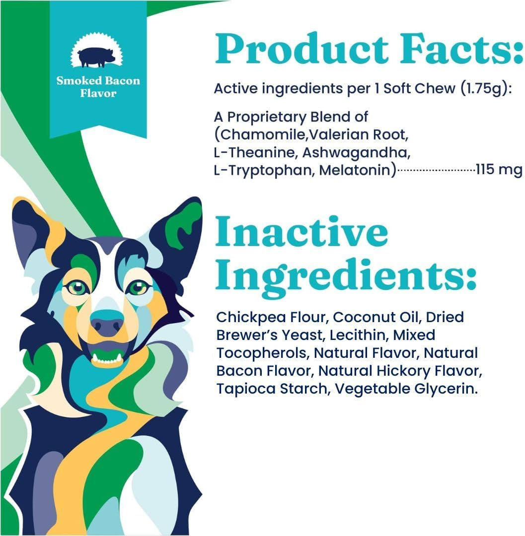 Calming Chews for Dogs - Dog Calming Chews W/Melatonin for Separation, Stress & Hyperactivity Relief - Supports Relaxation for Travel, Fireworks & Storms - All Ages & Sizes - Bacon 120Ct