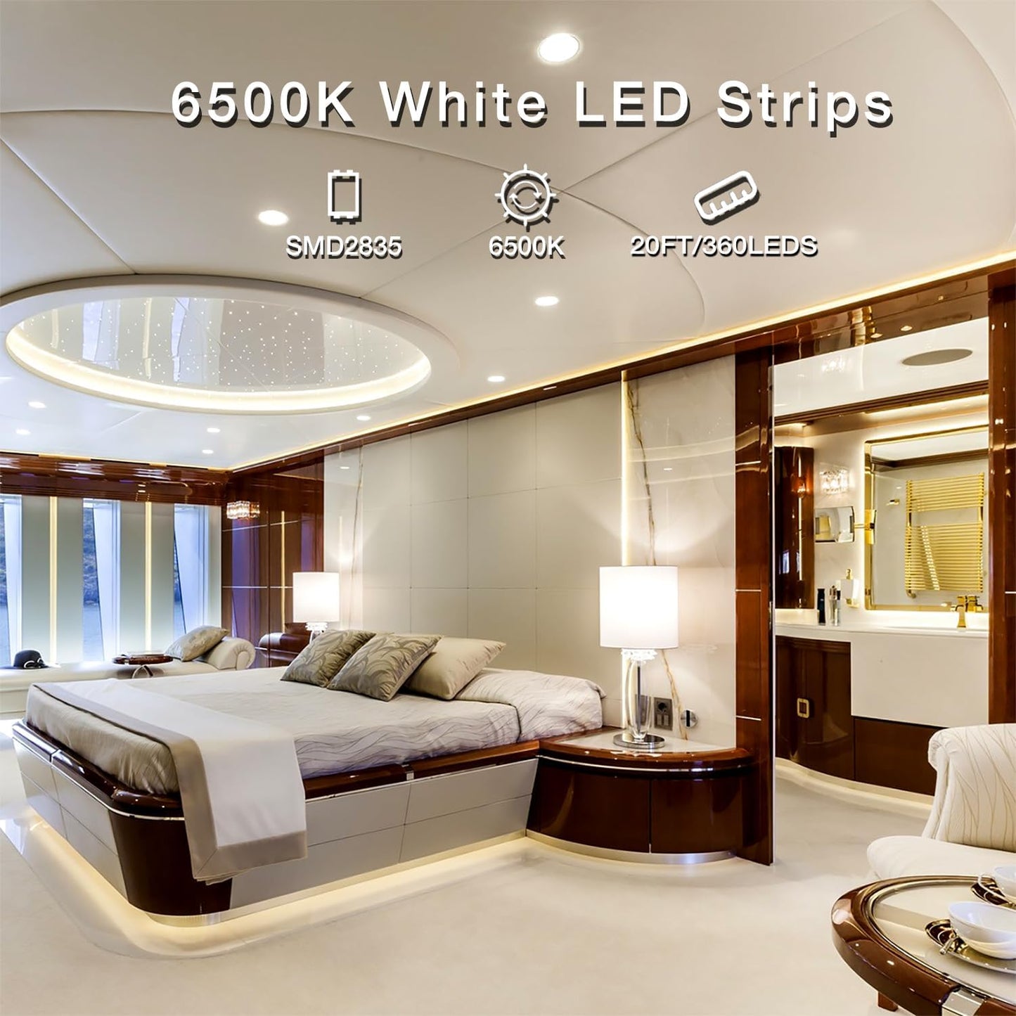 White LED Strip Light, 20 Ft Dimmable Bright Rope Lighting, 6500K 24V Strips, 360 Leds 2835 Tape Lights for Bedroom, Kitchen, Mirror, Home Decoration(1 Roll)