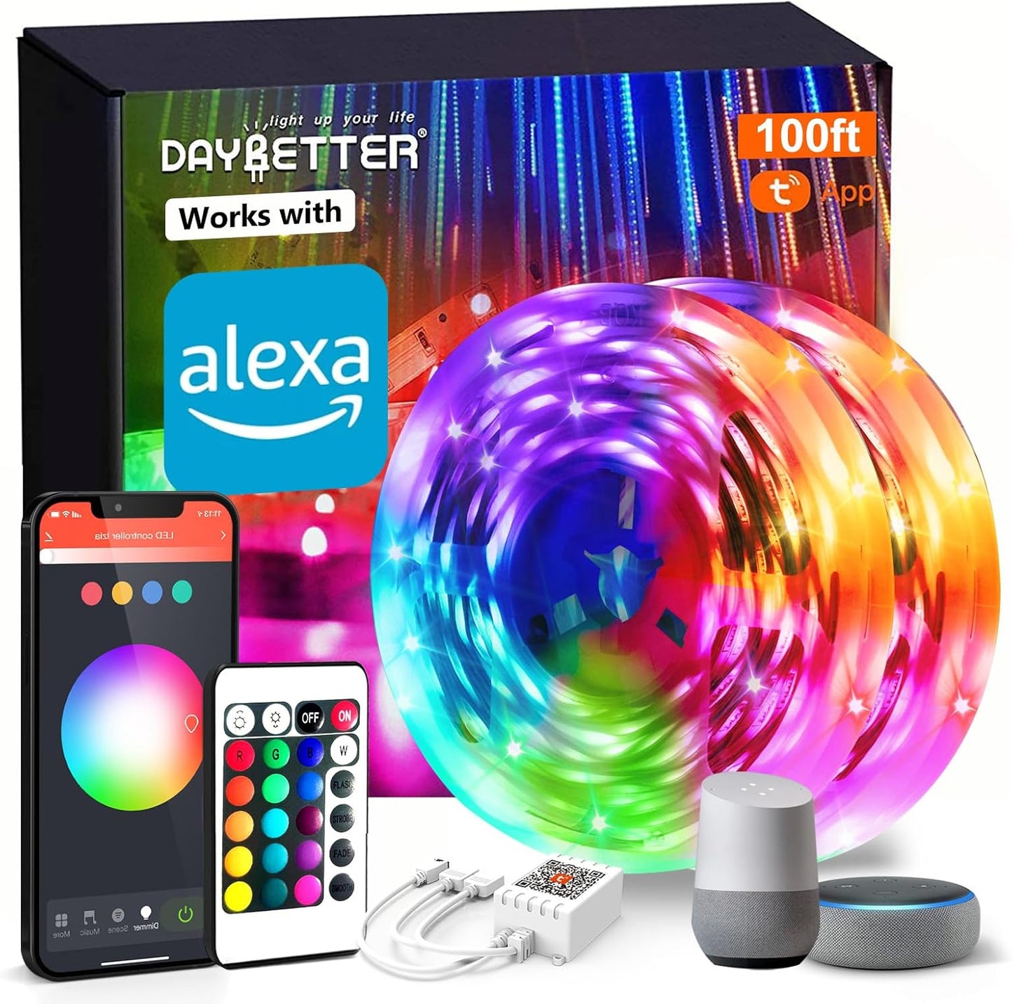 Smart Wifi Led Lights 100Ft, Tuya App Controlled Led Strip Lights, Work with Alexa and Google Assistant, Timer Schedule, Color Changing Led Lights for Bedroom Party Kitchen