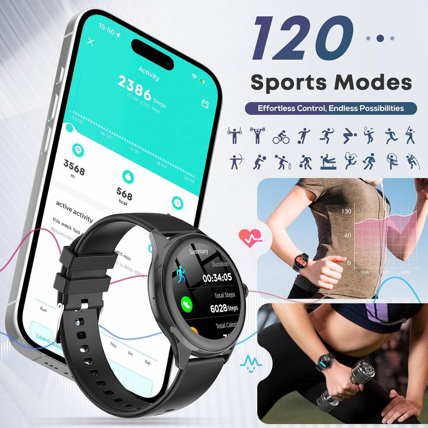 Smart Watches for Women Men, 1.39" HD IPS Touchscreen Smartwatch with 120 Sports Modes, Heart Rate/Sleep Monitor, IP67 Waterproof, Bluetooth Call & Music Control for Iphone/Android (Black)