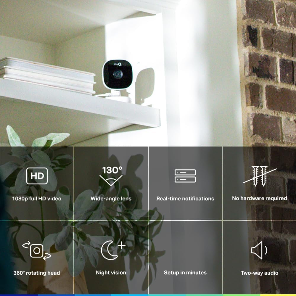 Myq Smart Indoor Security Camera – 1080P HD Video, Night Vision, Motion Detection, Wi-Fi, Two-Way Audio, Smartphone Control