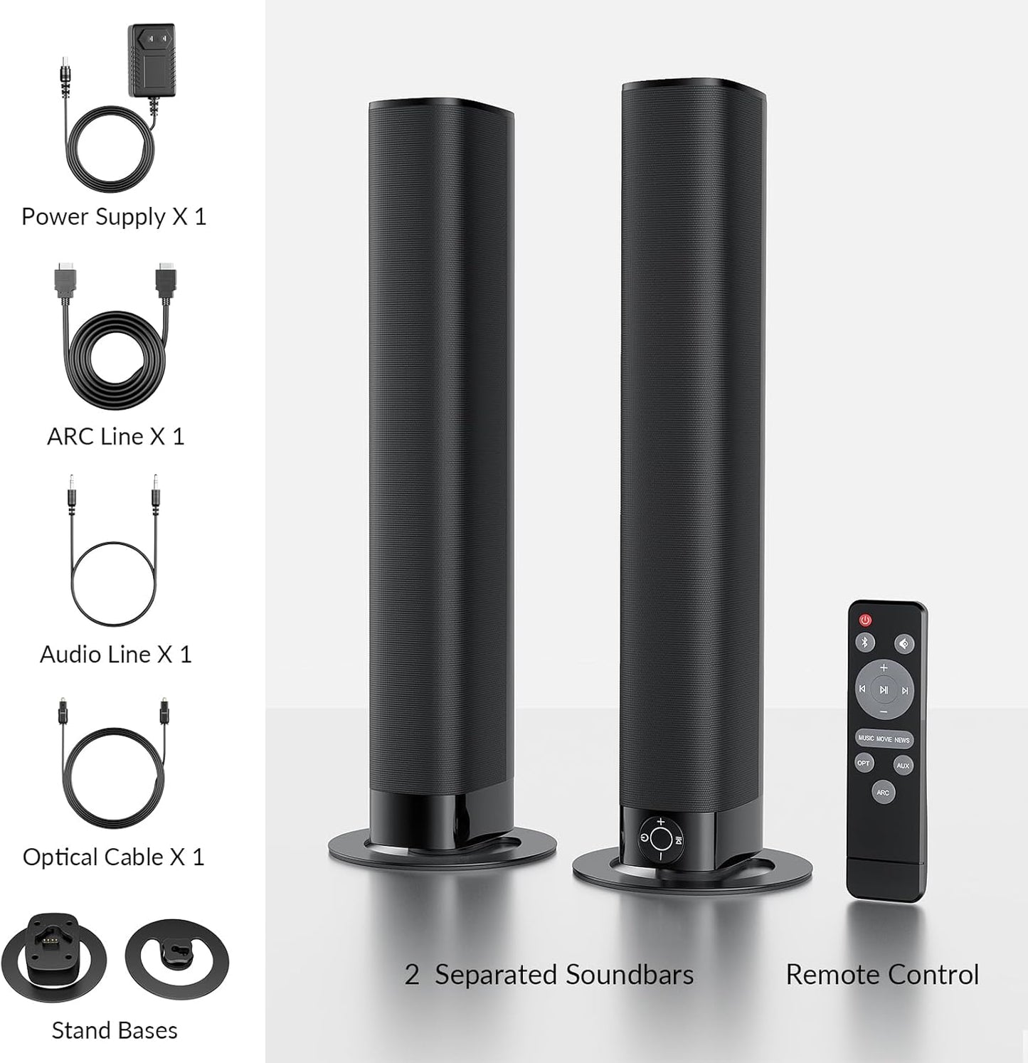Sound Bar for Smart TV, Soundbar with Bluetooth/Arc/Opt/Aux Connect, Auto Volume Boost, 3 Equalizer Modes, 2 in 1 Detachable Soundbar for Tv/Pc/Gaming/Projectors