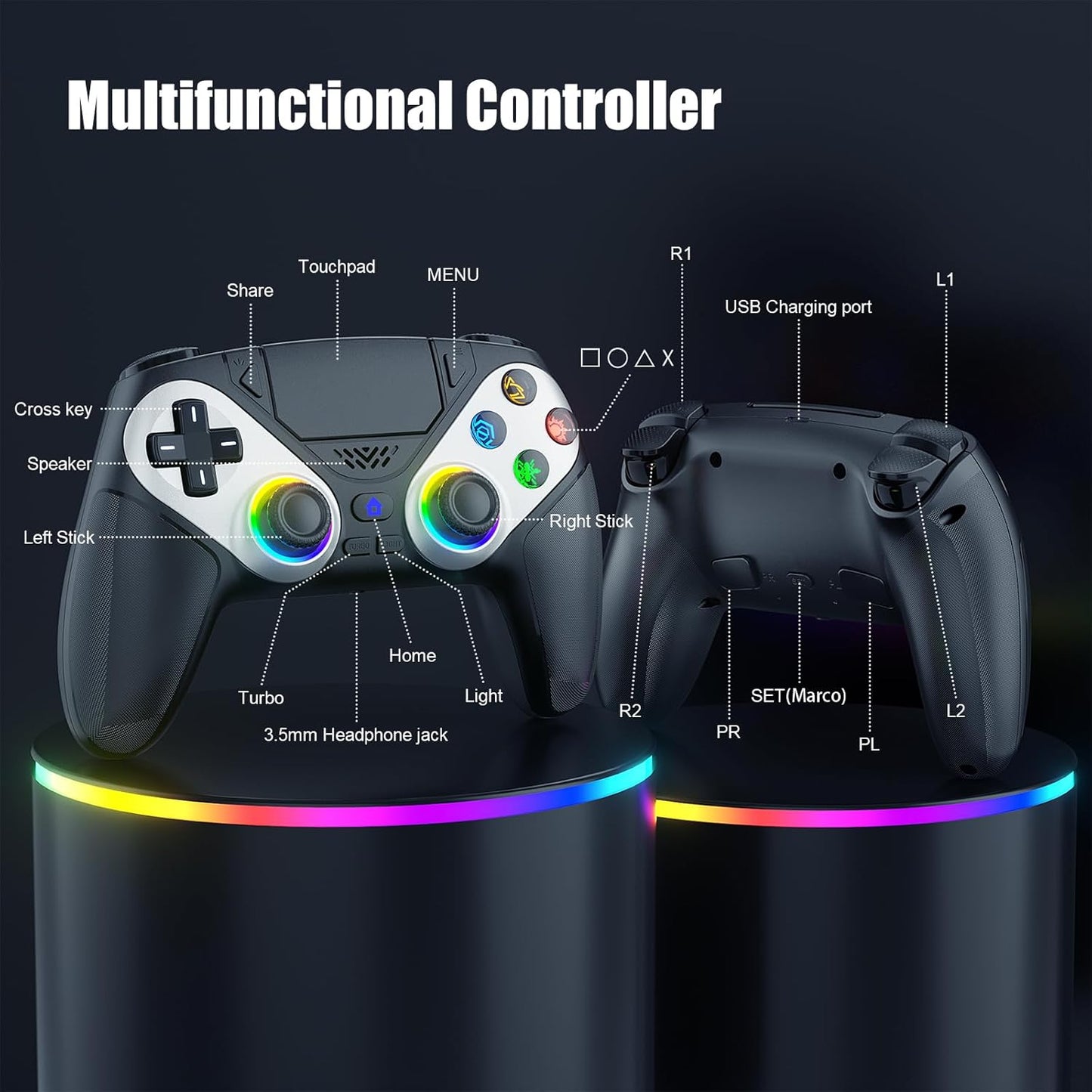 LED Wireless Controller for PS5, Compatible with PS5 Pro/Slim/Pc, Dual Vibration, Macro/Turbo Function, 3.5Mm Audio Jack, 6-Axis Motion Contro Gamepad with Speaker