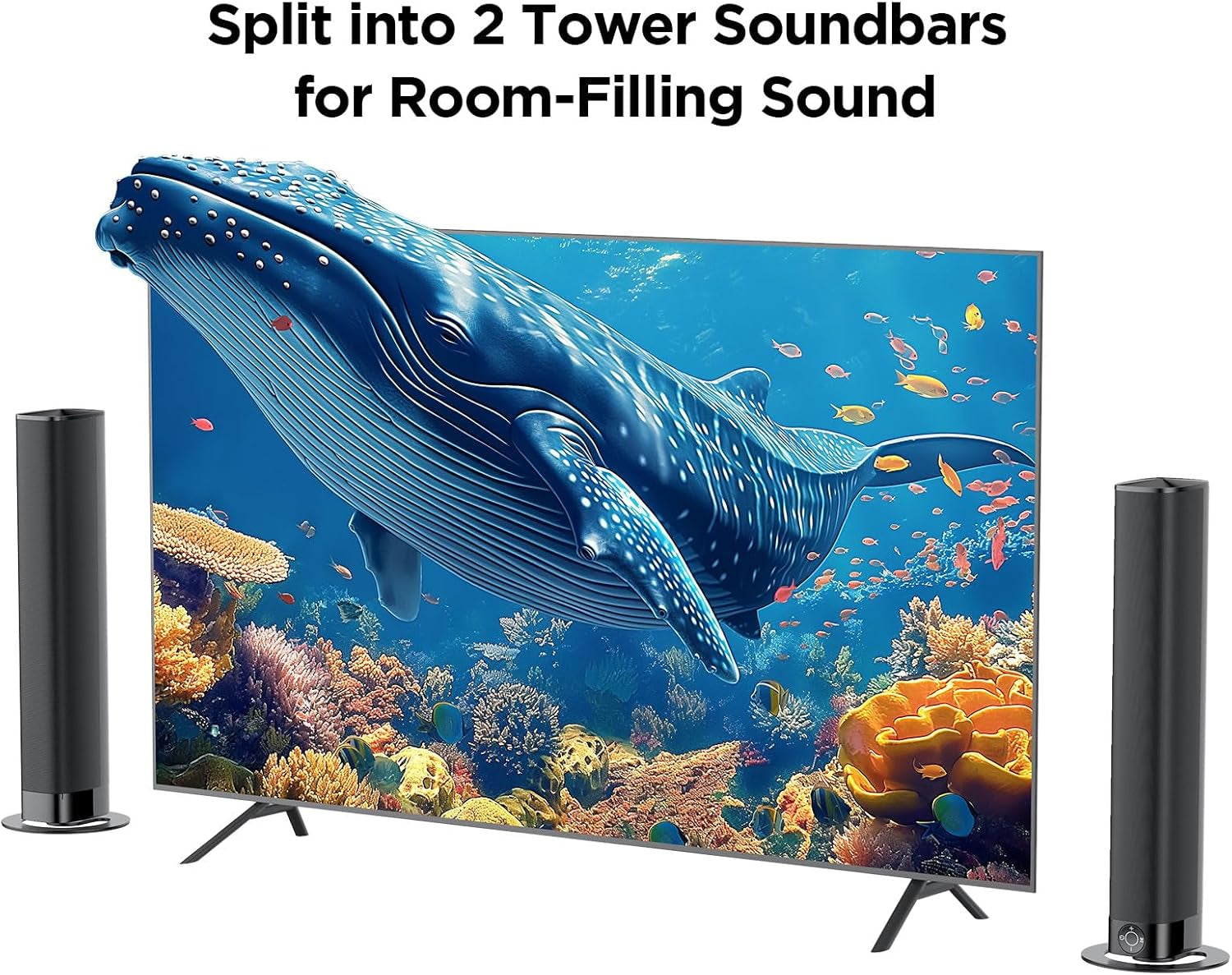 Sound Bar for Smart TV, Soundbar with Bluetooth/Arc/Opt/Aux Connect, Auto Volume Boost, 3 Equalizer Modes, 2 in 1 Detachable Soundbar for Tv/Pc/Gaming/Projectors