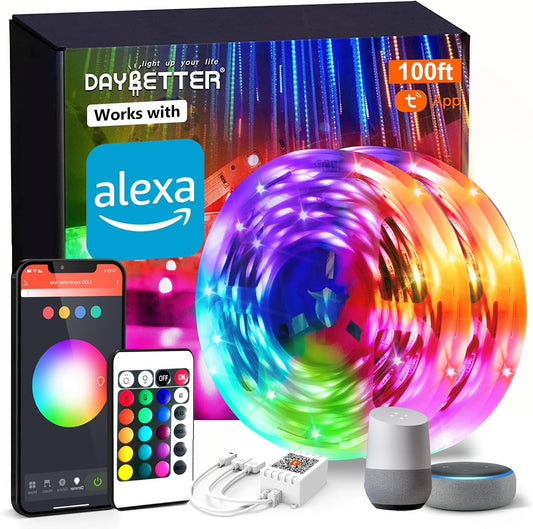 Smart Wifi Led Lights 100Ft, Tuya App Controlled Led Strip Lights, Work with Alexa and Google Assistant, Timer Schedule, Color Changing Led Lights for Bedroom Party Kitchen