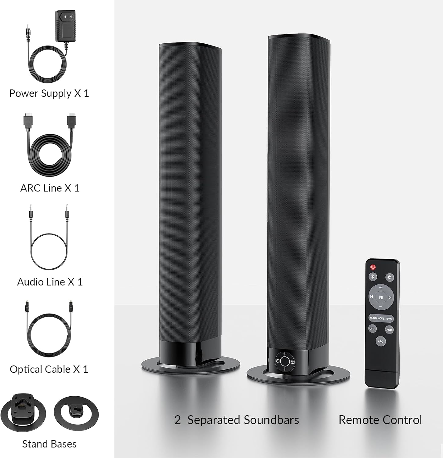 Sound Bar for Smart TV, Soundbar with Bluetooth/Arc/Opt/Aux Connect, Auto Volume Boost, 3 Equalizer Modes, 2 in 1 Detachable Soundbar for Tv/Pc/Gaming/Projectors