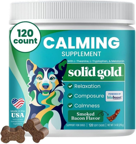 Calming Chews for Dogs - Dog Calming Chews W/Melatonin for Separation, Stress & Hyperactivity Relief - Supports Relaxation for Travel, Fireworks & Storms - All Ages & Sizes - Bacon 120Ct